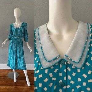 Vintage 80s Blue Rayon Button Chelsea Collar Midi Dress XS